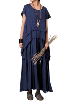 Gracila Women Short Sleeve Layers Irregular O Neck Maxi Dresses