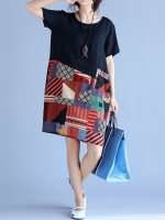 Gracila Women Short Sleeve Print Patchwork Loose Mini Dresses