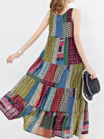 Gracila Women Sleeveless Patchwork O Neck Maxi Tank Dress