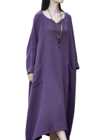 Gracila Women Solid Color Long Sleeve Loose Vintage Maxi Dresses