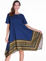 Gracila Women Vintage Floral Printed Patchwork Short Sleeve Irregular Dresses
