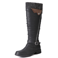 Dames winter warme wollen lederen laarzen met manchetten Effen kleur gesp maat rits kniehoge laarzen