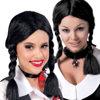 Halloween   Zwarte Wednesday verkleed pruik met vlechten voor dames