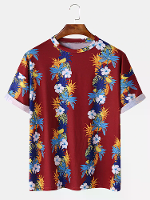 Herenmode Bloemenprint Ronde Hals Ademende Korte Mouw Casual T Shirts