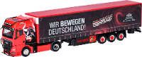 Herpa 318075 H0 Vrachtwagen MAN TGX GX Gardinenplanensatteltrein „Genthner/wij bewegen Duitsland” (Baden Württemberg/Oberderdingen)