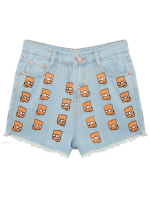 High Waist Zipper Pattern Printed Straight Leg Short Jeans