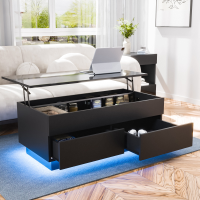 LED Lift Koffietafel met USB Powerbron Middelste Ondersteuningsstang 60 lbs Draagvermogen Hoogglans Oppervlak Verstelbar