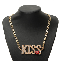 Hot Lips Kiss Letter Gold Women Necklace Crystal Chain Jewelry