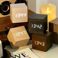 Houten Digitale Alarmklok met Temperatuur Geluidscontrole Elektronische Klokken Desktop LED Bedside Klok