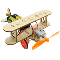 Houten elektrische tweedekker taxiën vliegtuig kinderen wetenschap experiment educatie handgemaakt DIY model assemblage