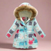 CozyTrend – Elegant & Knus – Gewatteerde Winterjas voor meisjes Lichtblauw kattenpatroon / 130 (6 7 jaar) | Educatief Speelgoed