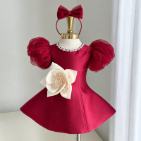 LittleRose – Elegant & Feestelijk – Meisjes Jurk met 3D Bloem en Pofmouwen Rood / 110 (4–5 jaar) | Educatief Speelgoed
