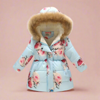 CozyTrend – Elegant & Knus – Gewatteerde Winterjas voor meisjes Lichtblauw gebloemd / 120 (5 6 jaar) | Educatief Speelgoed