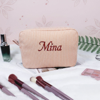 Striped Name Pouch – Gepersonaliseerd & Stijlvol – Make up Tas Oranje / Groot (22x16x9.5Cm) | Educatief Speelgoed