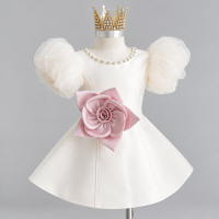 LittleRose – Elegant & Feestelijk – Meisjes Jurk met 3D Bloem en Pofmouwen Crème / 110 (4–5 jaar) | Educatief Speelgoed