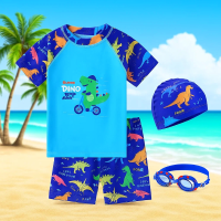 AquaFun – Ademend & Veilig – Kinder Zwemset met UPF bescherming Zwemshirt & Broek + Badmuts & Duikbril / 130 (6–7 jaar) / Fietsende dinosaurus | Educatief Speelgoed