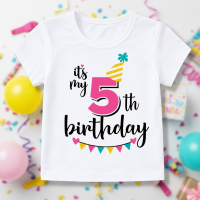 Birthday Graphic Tee – Schattig & Luchtig – Verjaardag Kinder T shirt Roze / 5 jaar (maat 120) | Educatief Speelgoed