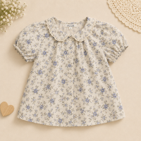 Girls Summer Fashion Top – Luchtig & Comfort – Vintage Meisjes Top Blauw met bloemen / 90 (18–24 maanden) | Educatief Speelgoed