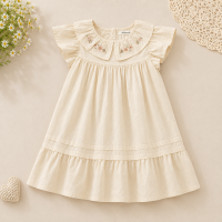 Short Sleeve Embroidery Dress – Elegant & Comfort – Boutique Meisjesjurk Abrikoos / 130 (6–7 jaar) | Educatief Speelgoed