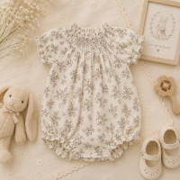 Vintage Rompers – Tijdloos & Zacht – Baby Jumpsuit 90 (6–12 maanden) / Met smockwerk en wilde bloemen | Educatief Speelgoed