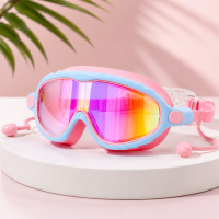 AquaVision – Verstelbare anticondens  en UV bescherming – Siliconen zwembril met oordoppen Gegalvaniseerd Blauw Roze | Educatief Speelgoed