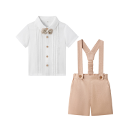 LittleDandy – Klassiek & Elegant – Katoenen Shorts met Bretels, Strikje & Overhemd Licht kaki (korte mouwen) / 90 (18–24 maanden) | Educatief Speelgoed
