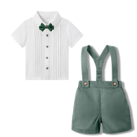 LittleDandy – Klassiek & Elegant – Katoenen Shorts met Bretels, Strikje & Overhemd Olijfgroen (korte mouwen) / 90 (18–24 maanden) | Educatief Speelgoed