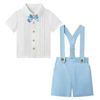 LittleDandy – Klassiek & Elegant – Katoenen Shorts met Bretels, Strikje & Overhemd Lichtblauw (korte mouwen) / 90 (18–24 maanden) | Educatief Speelgoed