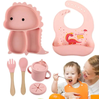 Dino Tablewear Set™   7 delige set   Siliconen Kinderservies Roze | Educatief Speelgoed