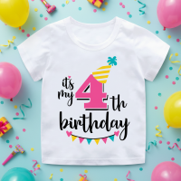 Birthday Graphic Tee – Schattig & Luchtig – Verjaardag Kinder T shirt Roze / 4 jaar (maat 110) | Educatief Speelgoed
