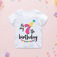 Birthday Graphic Tee – Schattig & Luchtig – Verjaardag Kinder T shirt Roze / 7 jaar (maat 140) | Educatief Speelgoed