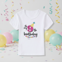 Birthday Graphic Tee – Schattig & Luchtig – Verjaardag Kinder T shirt Roze / 9 jaar (maat 160) | Educatief Speelgoed