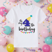 Birthday Graphic Tee – Schattig & Luchtig – Verjaardag Kinder T shirt Blauw / 4 jaar (maat 110) | Educatief Speelgoed
