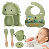 Dino Tablewear Set™   7 delige set   Siliconen Kinderservies Groen | Educatief Speelgoed