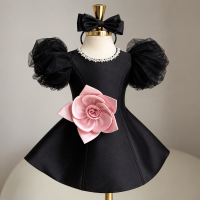 LittleRose – Elegant & Feestelijk – Meisjes Jurk met 3D Bloem en Pofmouwen Zwart / 110 (4–5 jaar) | Educatief Speelgoed