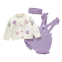 FloraKnit – Zacht & Schattig – Baby Outfit met Vestje, Tuinbroek en Haarband Paars / 59 (0–1 maanden) | Educatief Speelgoed