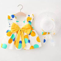 Mini Fashion™ – Zoet & Zomers – Fruit Jurk (incl. GRATIS strohoed) Geel Turquoise Stippen / 90 (18–24 maanden) | Educatief Speelgoed