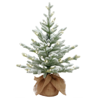Cambridge flocked verlichte tafelkerstboom   75 cm   0   Diameter 51 cm   189 tips   35 ledlampjes (warm wit)   Besneeuwd/Frosted   Jute zak