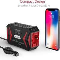 BESTEK 300W Omvormer 12V naar 230V voor Back to School, zuivere sinusgolf, TÜV gecertificeerd met 2 USB poorten (4,8 A totaal) & sigarettenaansteker stekker (Rood)