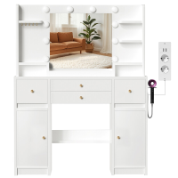 GTIMEX kaptafel met LED verlichting, uitgerust met een grote HD spiegel (met stopcontact en USB poort, 10 open opbergvakken, 4 lades, 2 kasten, 5 sieradenhaken, 10 LED lampen, 3 lichtkleuren), afmetingen: 108 × 40 × 144 cm. Stille rails, anti kantelconstr