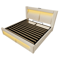 URBAN MEUBLE Moderne opbergbed met hydraulische mechanisme 140 x 200 cm, Beige fluweel, LED verlichting, USB  en Type C oplaadpoorten, Zonder matras