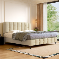 GTIMEX Gestoffeerd bed 140 x 200 cm met lattenbodem, Statische draagcapaciteit: 390 kg, Tweepersoonsbed met gewatteerd hoofdbord, Eenvoudige montage, Stevig frame en hoogwaardige linnenstof, Beige