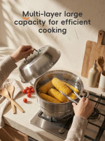 PURE COOK 304 roestvrijstalen meerlaagse stoompanset multifunctioneel met deksel stoombakjes stoomrek met dubbele handgrepen groenten zeevruchten dumplings rijst keukenkookgerei huishouden geschikt voor alle kookplaten vaatwasmachinebestendig 11,81 inch x