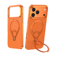 IM CHEN iPhone 17 Pro Max Case, frame van legering, 360° draaibare metalen standaard, premium leren ringhouder, valbescherming, oranje