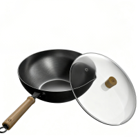 Ochama hoogwaardige ijzeren wok, 32 cm, ijzeren pan met antiaanbaklaag, roerbakpan, koekenpan, rookarm, geschikt voor inductiekookplaten/gaskookplaten, gezonde Teflon vrije coating, wok met deksel, 32 cm