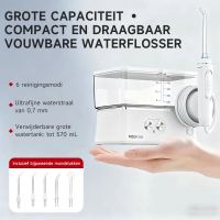 H2ofloss draagbare monddouche, 6 standen, 5 sproeikoppen, 2500 mAh batterij, watertank van 570 ml, IPX7 waterdicht, wit