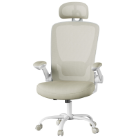 JOYFURNOS Ergonomische mesh draaistoel voor kantoor in Lichtbeige –62×62.4×（120.4 127.4）Cm Lumbale en hoofdsteun, brede zitting, opklapbare armleuningen, kantelmechanisme – ideaal voor kantoor of werkplek in de slaapkamer