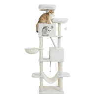JOYFURNOS Krabpaal 206 cm met 13 krabstammen, 2 platforms, 2 huisjes, mand, hangmat, pompon, pluche stof, crèmewit