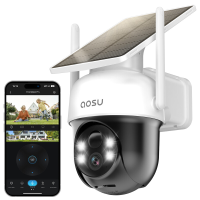 AOSU 2K/3MP WiFi beveiligingscamera voor buiten draadloos, Solar camera voor buiten, Thuisbewaking met panoramische PTZ, Automatische tracking, Kleuren nachtzicht, Licht  en geluidsalarm, 2 weg audio, 2,4 GHz