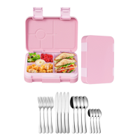 [Maaltijdset] Meoky 5 vaks bento lunchbox met dubbele sluitingen   Roze + Fangyuan 16 delige bestekset zilverkleurig roestvrij staal met mes, hoogwaardig roestvrijstalen bestek